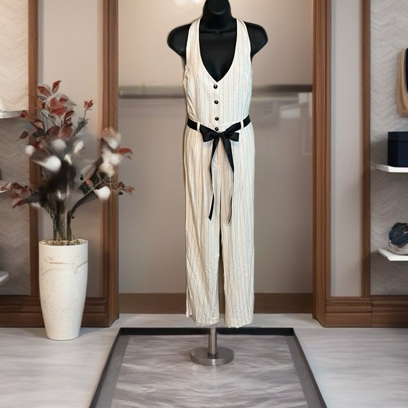 Elegant Cream Size Small Linen Blend Jumpsuit with Black Vertical Accents New - Picture 1 of 7